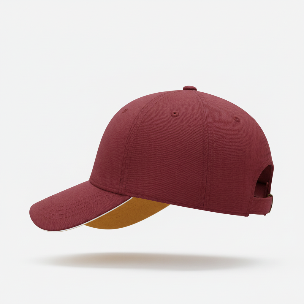Side view of custom baseball cap showing the curved brim, structured front panel, and side embroidery