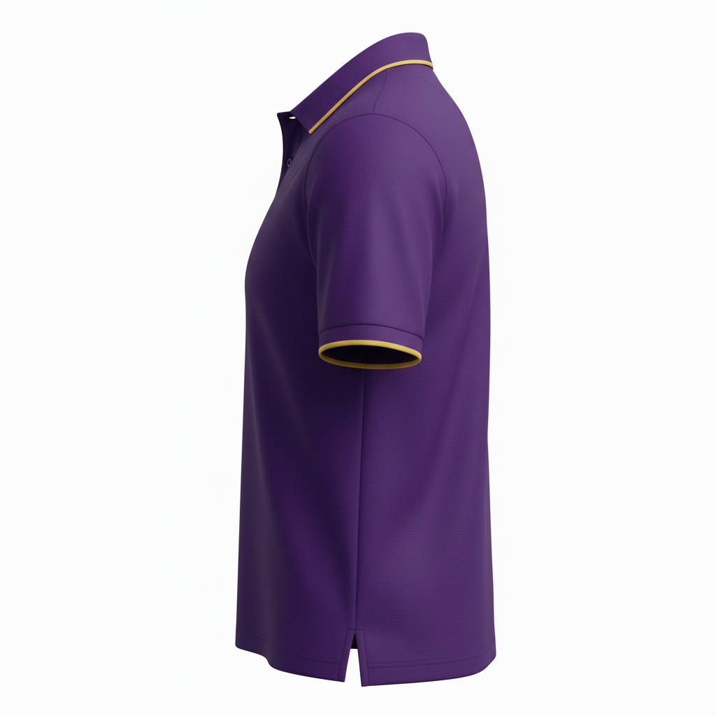 Side view of custom baseball coaches polo showing the tipped collar, side vent, and fuller representative fit