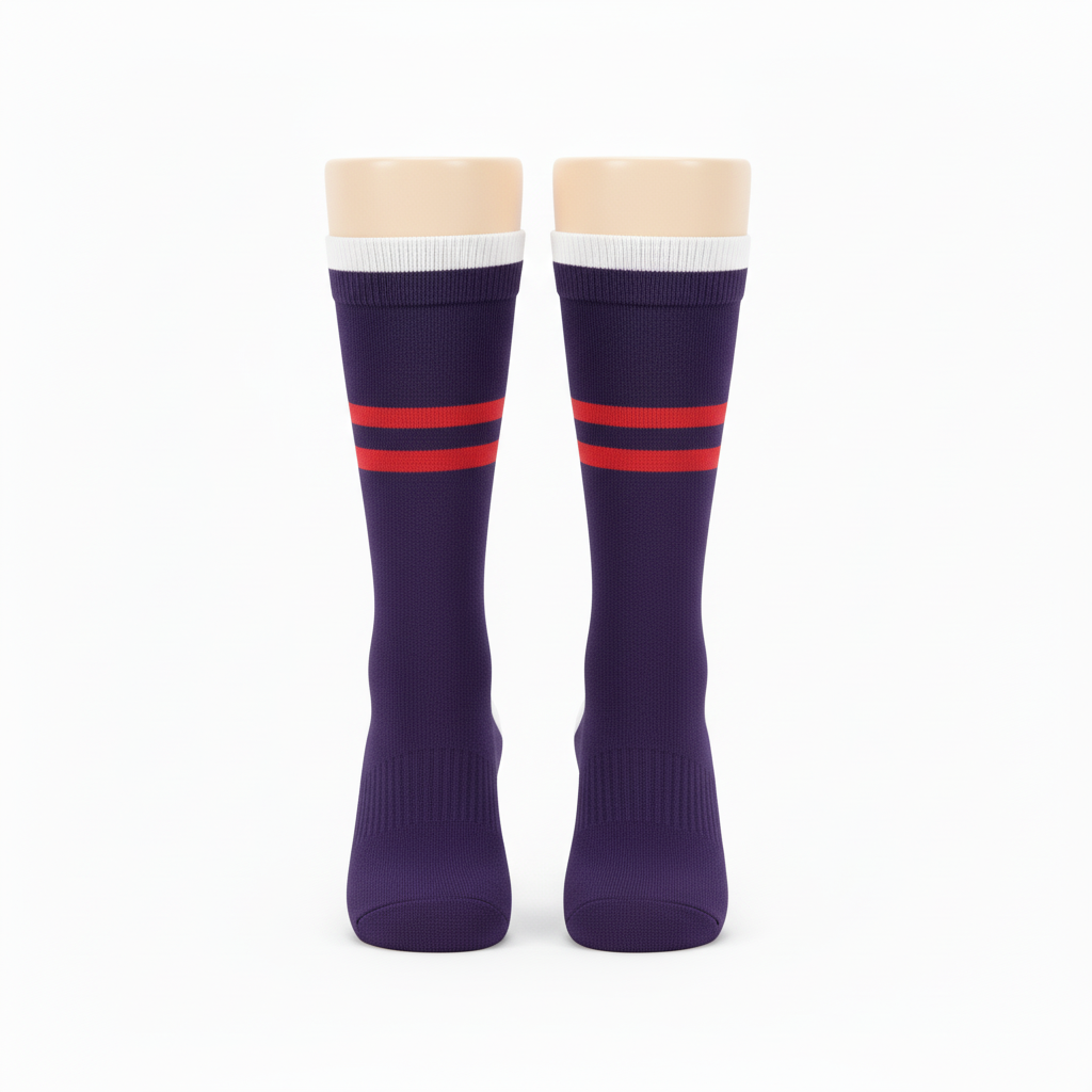 Front view of custom baseball crew socks in polyester-nylon-spandex knit with yarn-dyed team color bands from Empire Five Athletics
