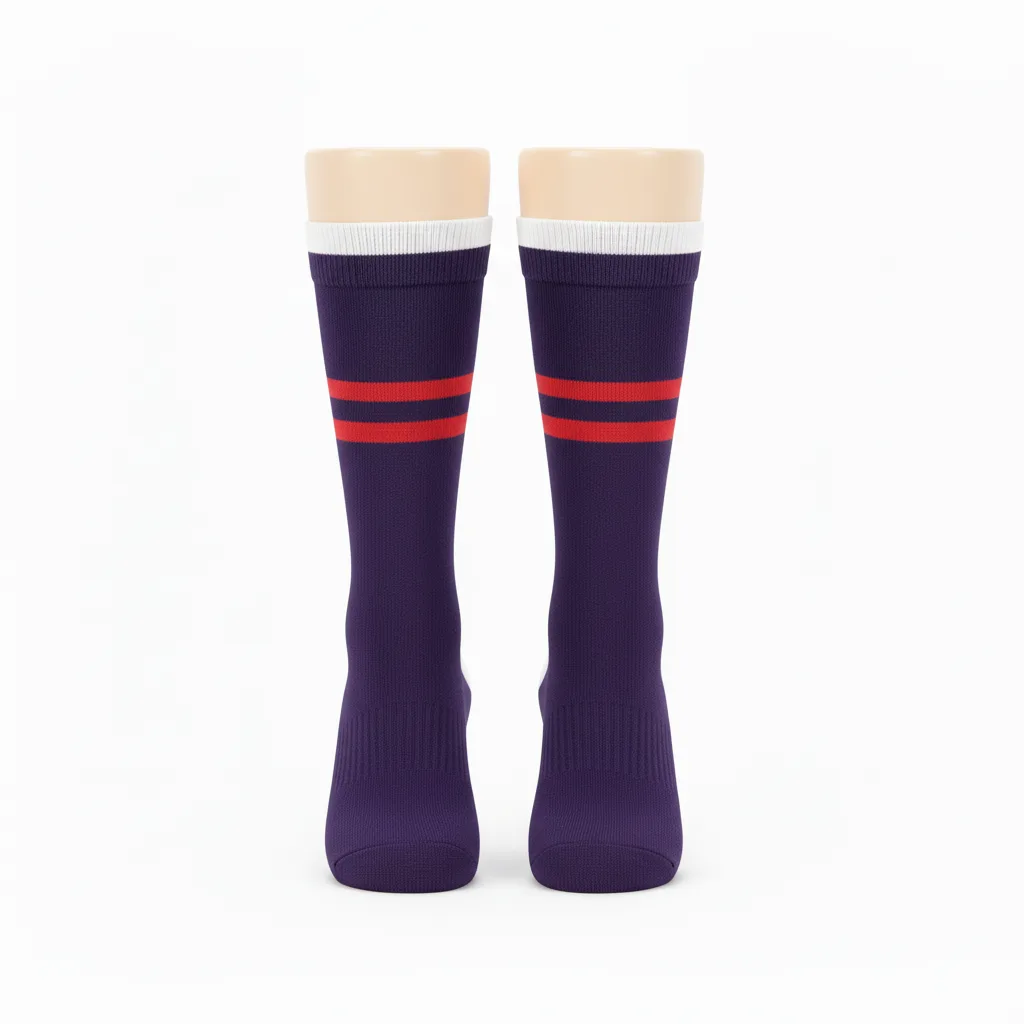 Front view of custom baseball crew socks in polyester-nylon-spandex knit with yarn-dyed team color bands from Empire Five Athletics