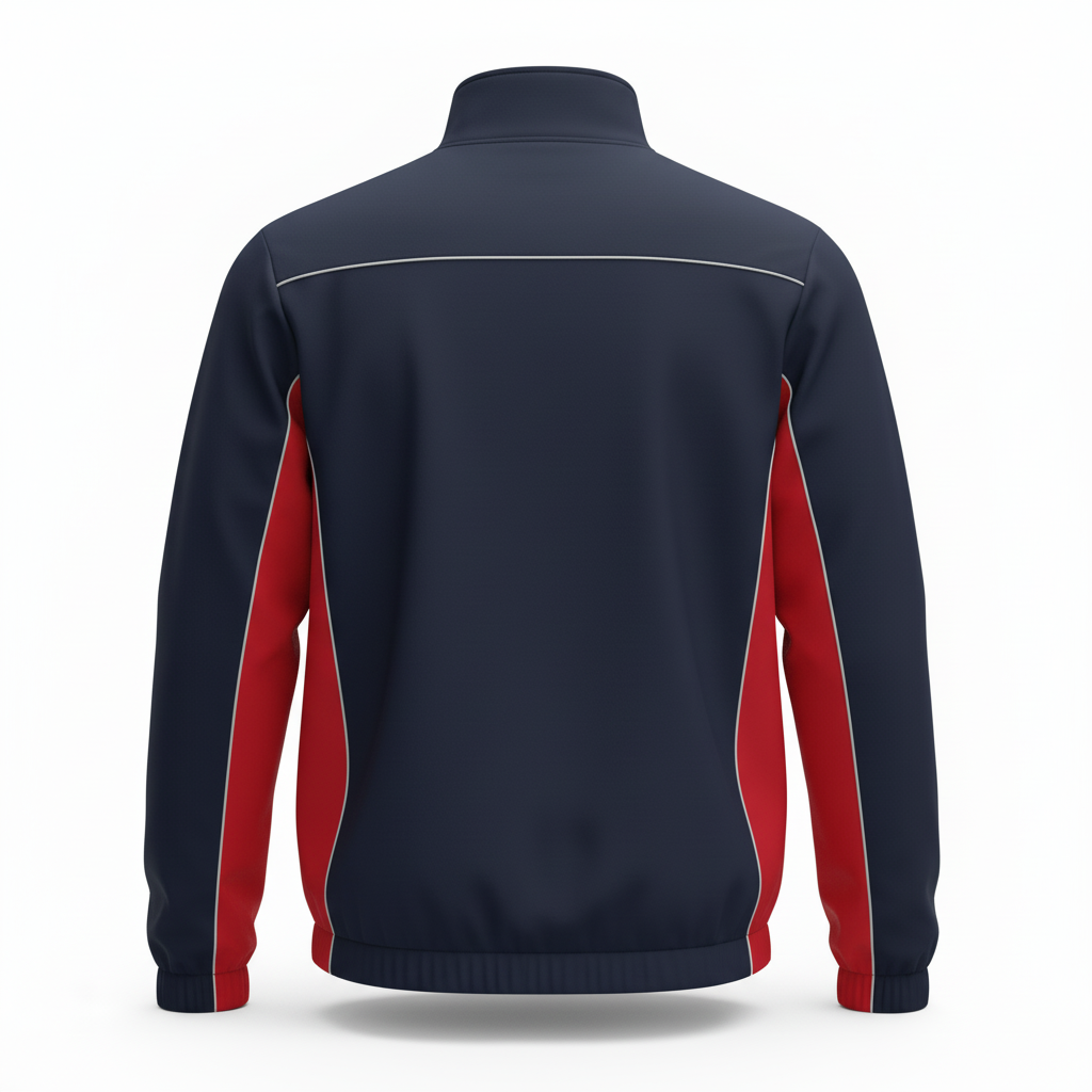 Back view of custom baseball dugout jacket showing the full-panel sublimation area for a team mark on the insulated bench coat