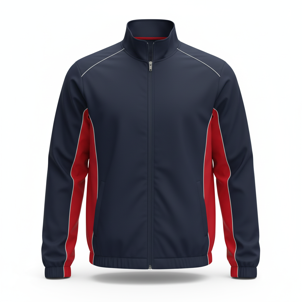 Front view of custom baseball dugout jacket in 320 GSM quilted-insulated polyester shell with full-zip front and sublimated team colorway from Empire Five Athletics