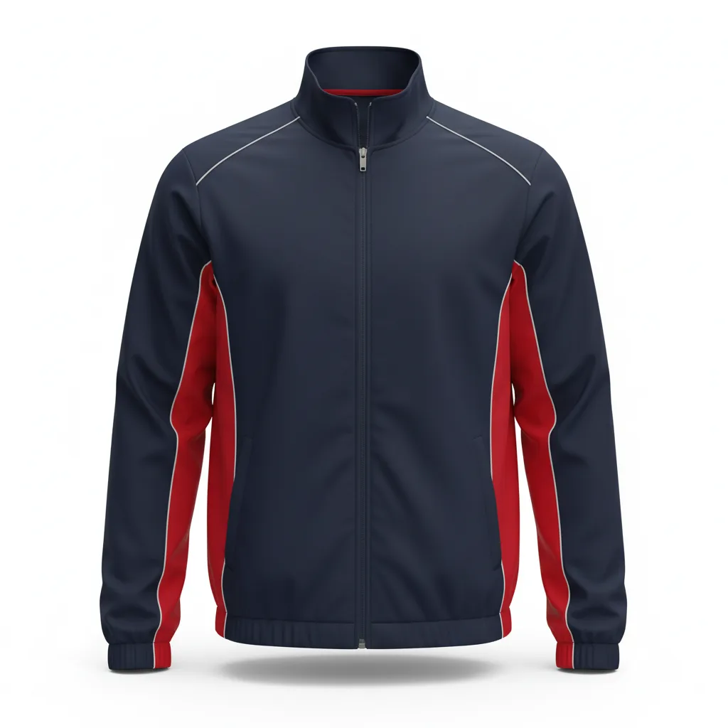 Front view of custom baseball dugout jacket in 320 GSM quilted-insulated polyester shell with full-zip front and sublimated team colorway from Empire Five Athletics