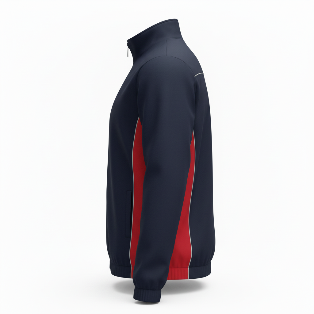 Side view of custom baseball dugout jacket showing the thigh-length insulated cut and quilted panels
