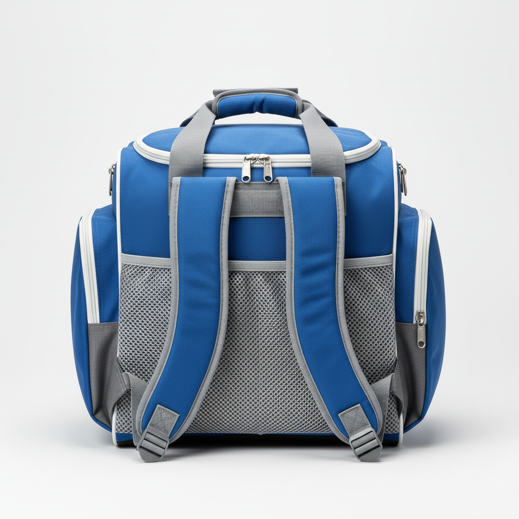 Back view of custom baseball equipment bag showing the fence hooks and padded shoulder strap