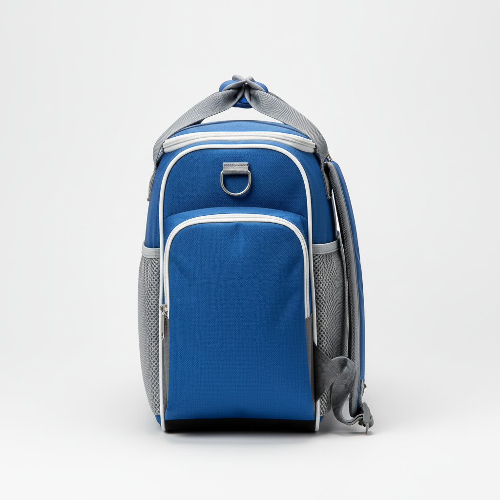 Side view of custom baseball equipment bag showing the bat sleeves and vented cleat base compartment