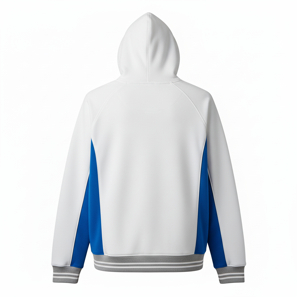 Back view of custom baseball hooded sweatshirt showing team name arch and tackle-twill mark