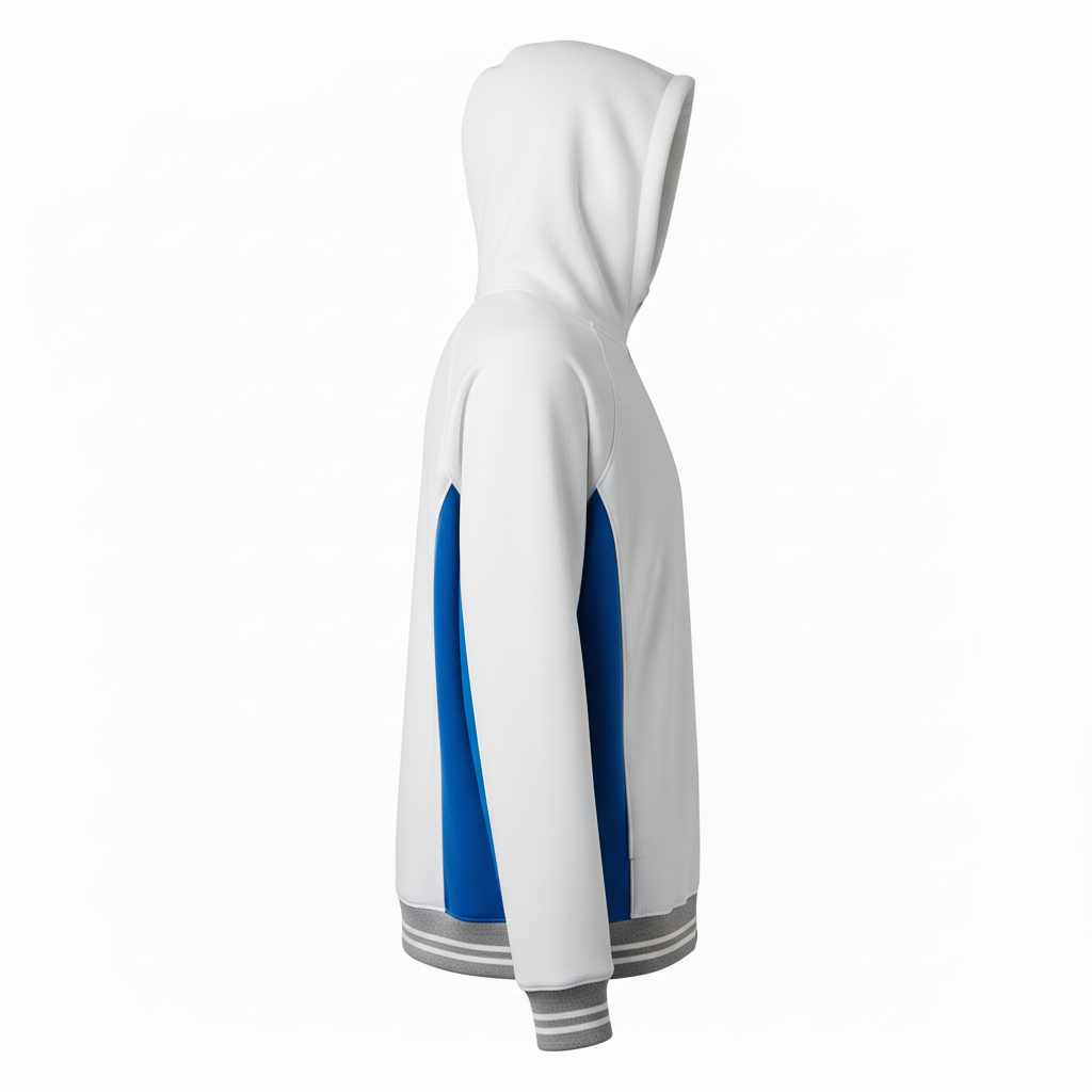 Side view of custom baseball hooded sweatshirt showing the drawstring hood and ribbed cuff construction