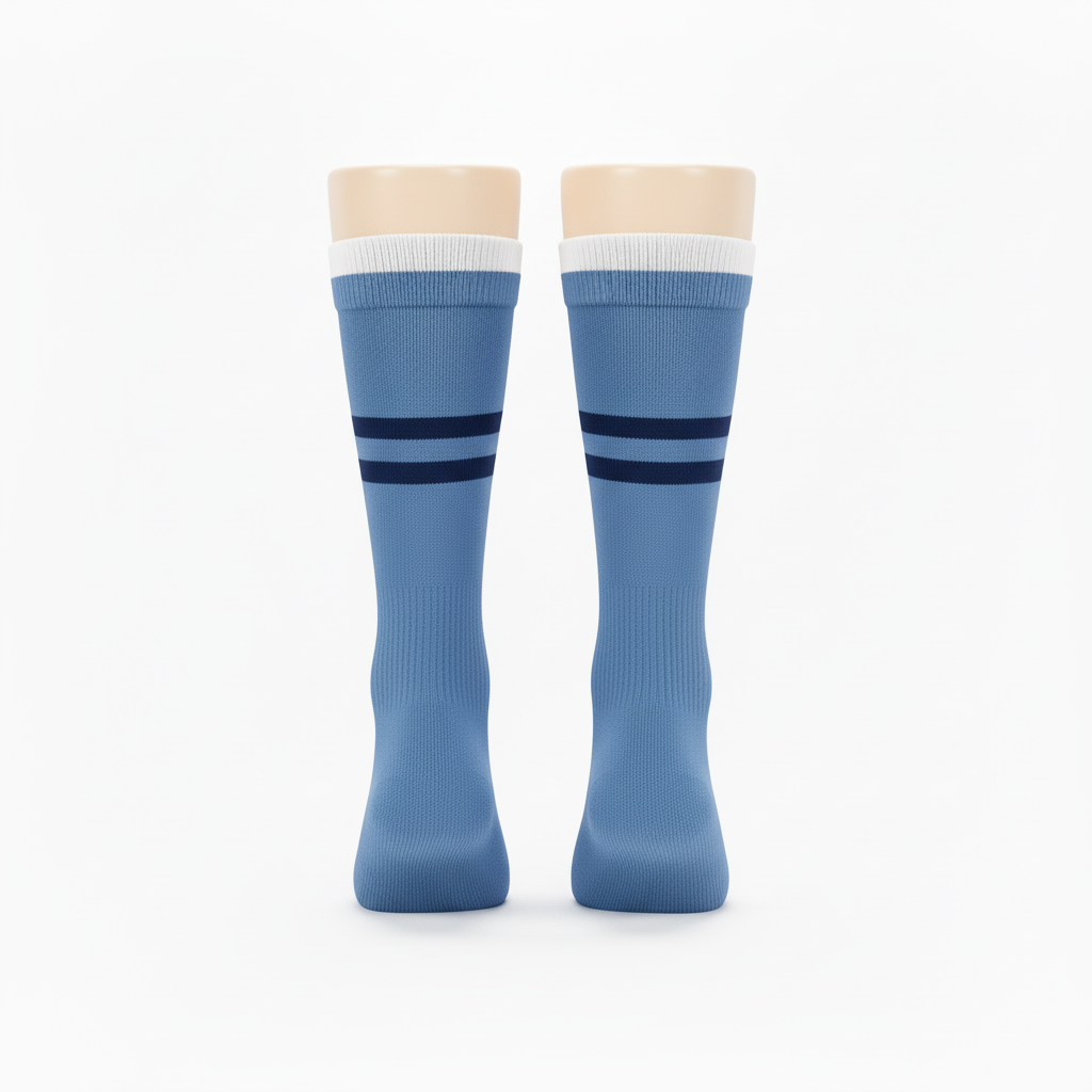 Front view of custom baseball knee-high socks in polyester-nylon-spandex knit with yarn-dyed team color stripes from Empire Five Athletics