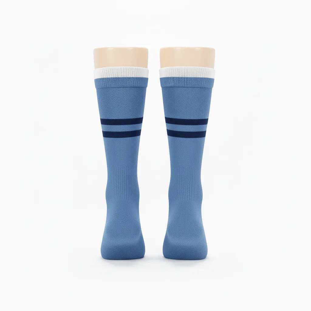 Front view of custom baseball knee-high socks in polyester-nylon-spandex knit with yarn-dyed team color stripes from Empire Five Athletics