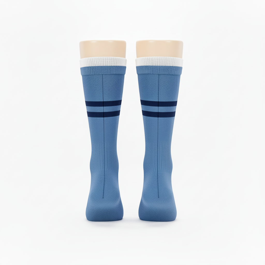 Side view of custom baseball knee-high socks showing the yarn-dyed striping pattern and reinforced foot-bed