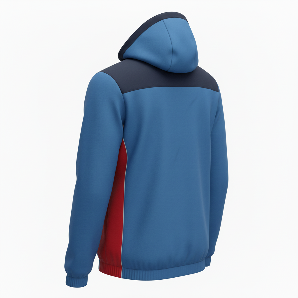 Back view of custom baseball rain jacket showing the full-panel sublimation area for a team mark and the hooded wet-weather shell