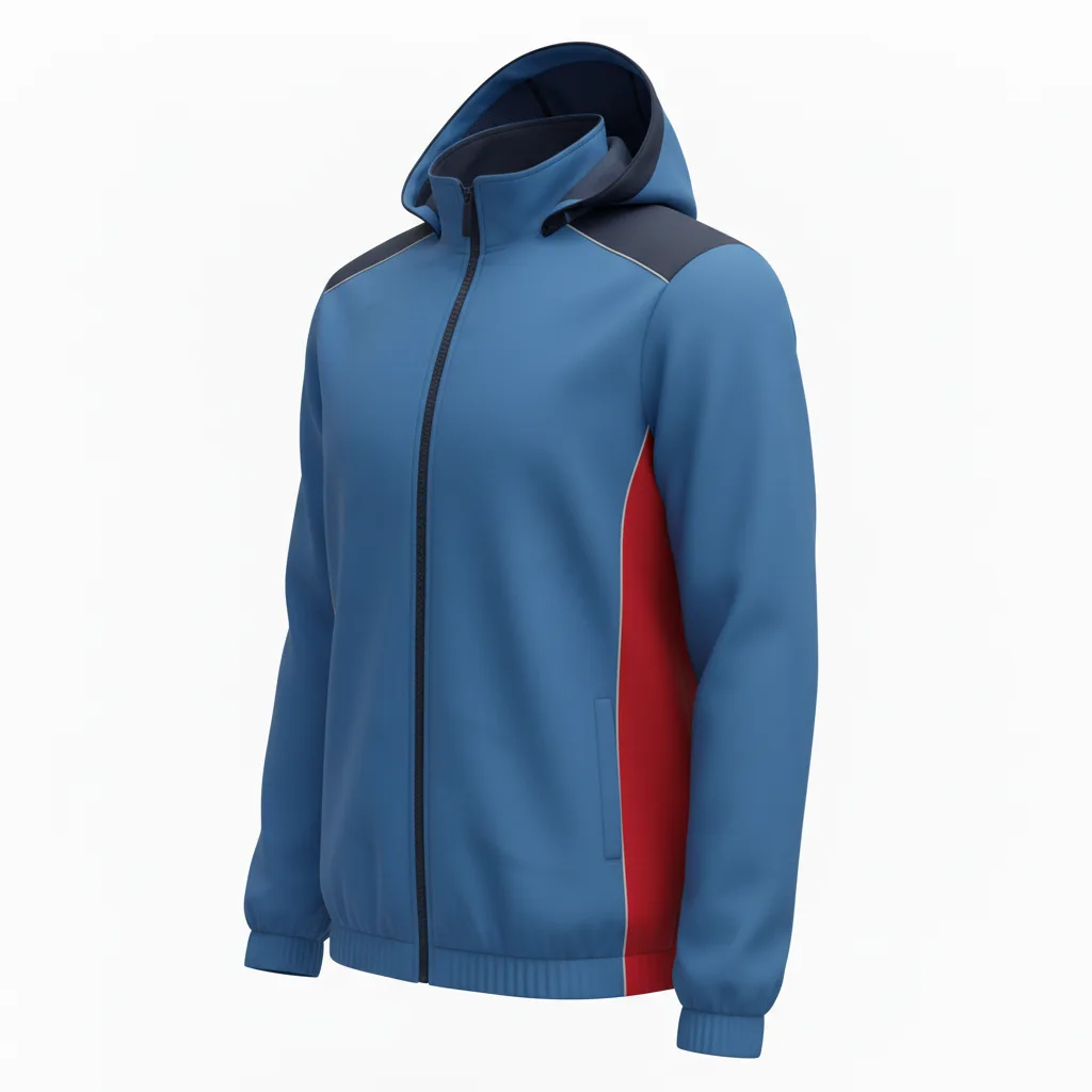 Front view of custom baseball rain jacket in water-resistant ripstop polyester with full-zip storm flap, packable hood, and sublimated team colorway from Empire Five Athletics