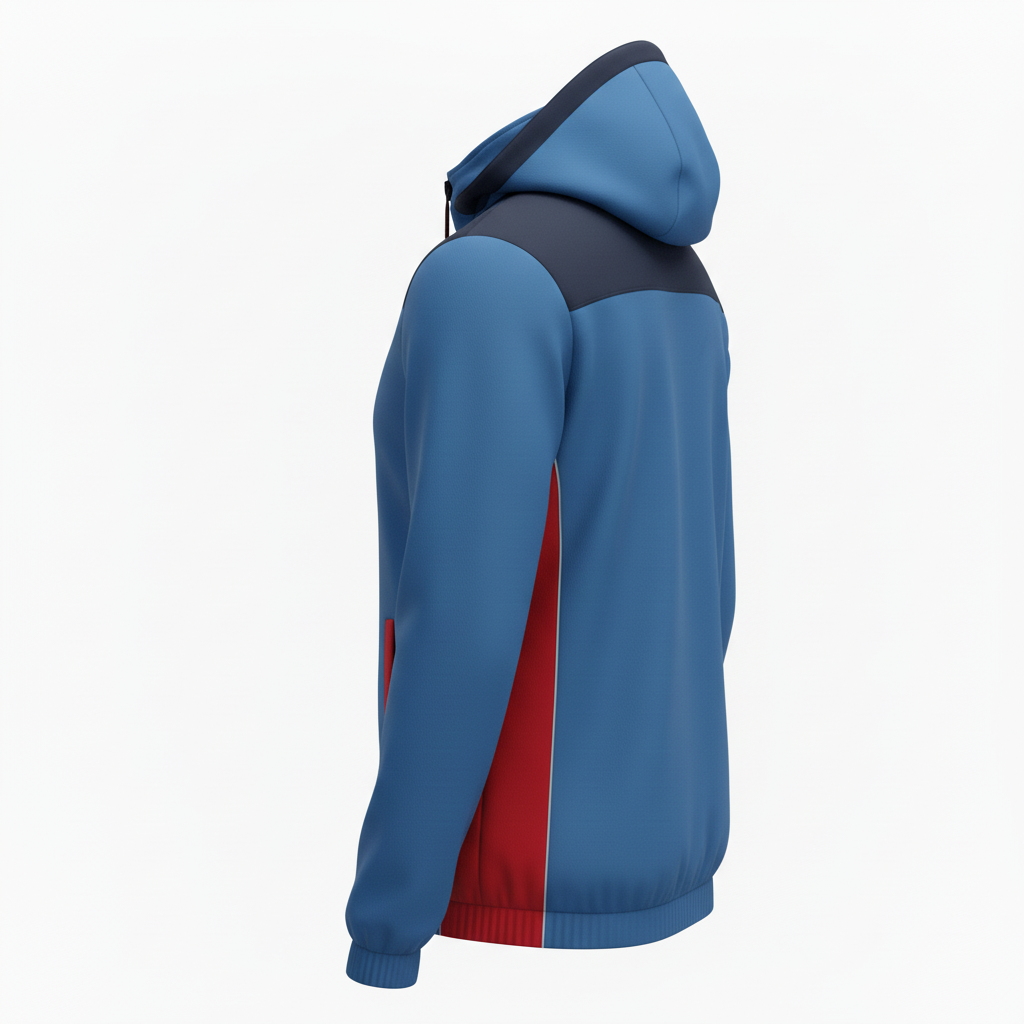 Side view of custom baseball rain jacket showing the hip-length cut, taped seams, and packable hood