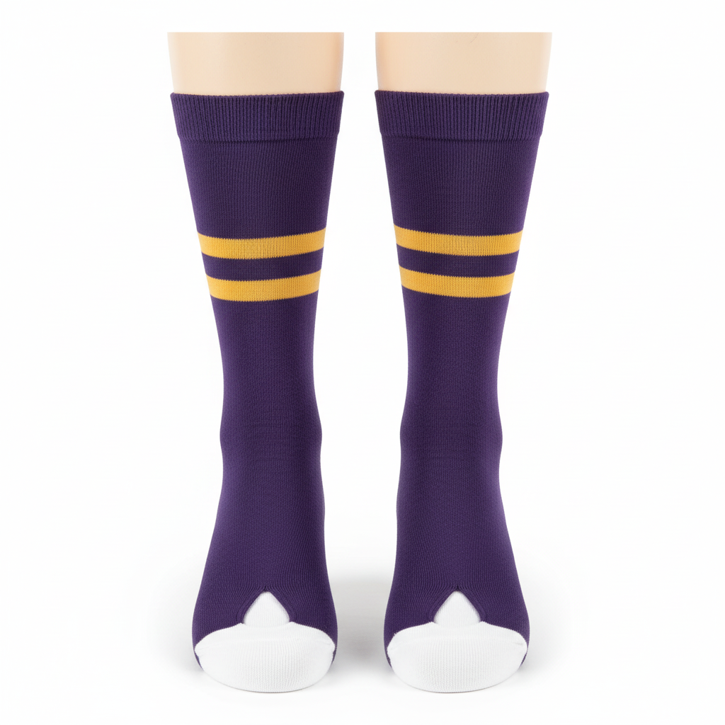 Front view of custom baseball stirrup socks in polyester-nylon-spandex knit with yarn-dyed team color band worn over a white sanitary sock from Empire Five Athletics