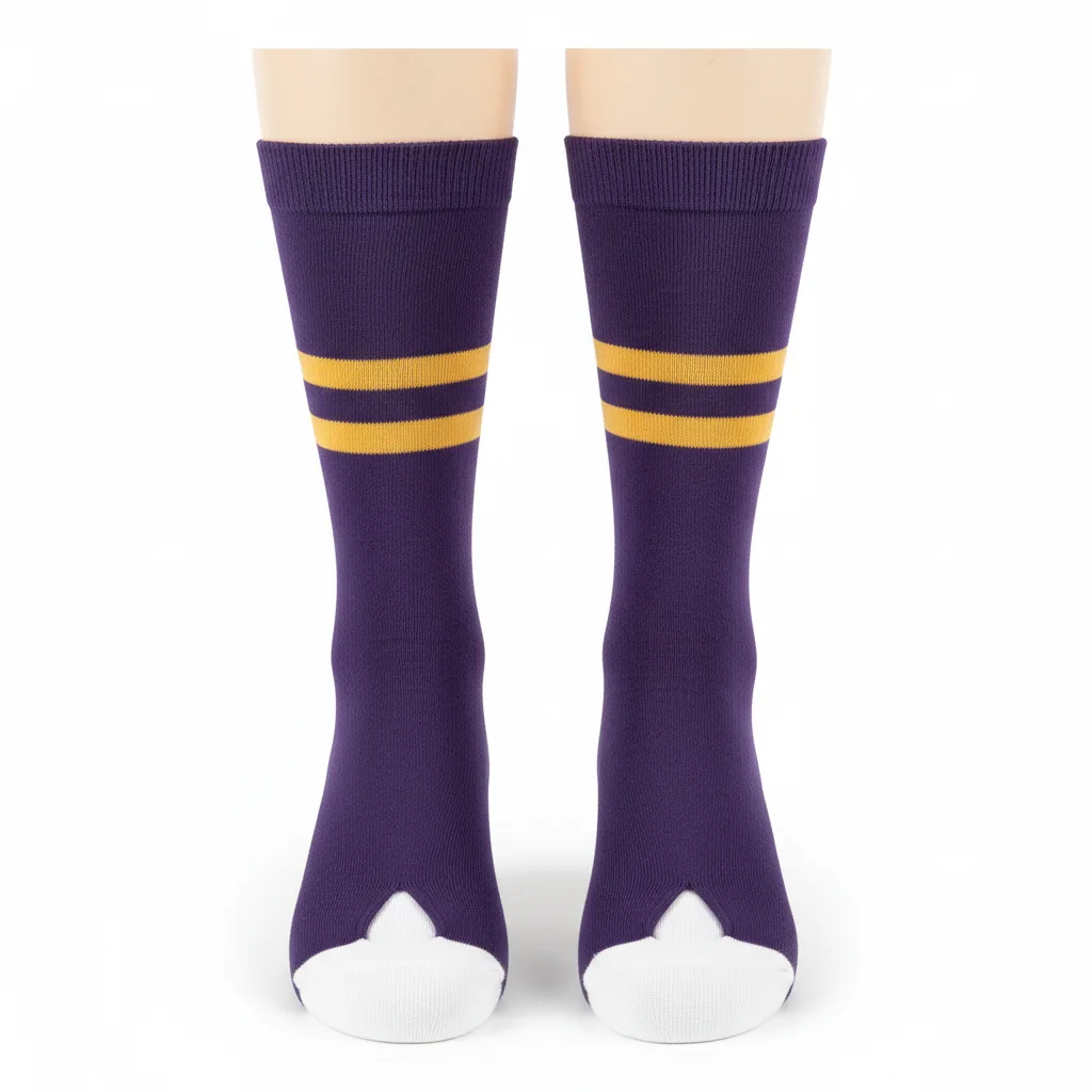 Front view of custom baseball stirrup socks in polyester-nylon-spandex knit with yarn-dyed team color band worn over a white sanitary sock from Empire Five Athletics