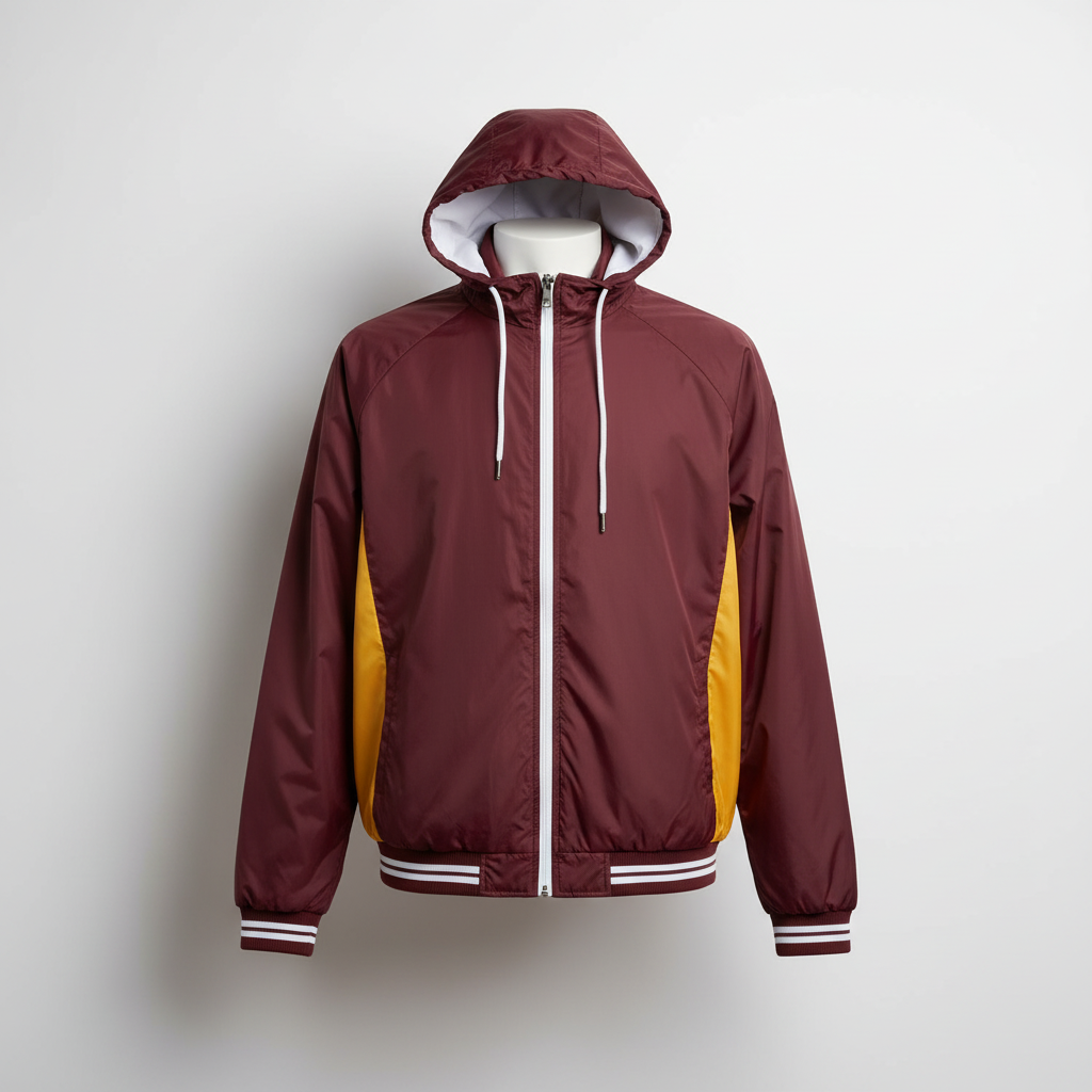 Front view of custom baseball windbreaker in ultralight woven polyester with full-zip front, packable hood, and sublimated team colorway from Empire Five Athletics