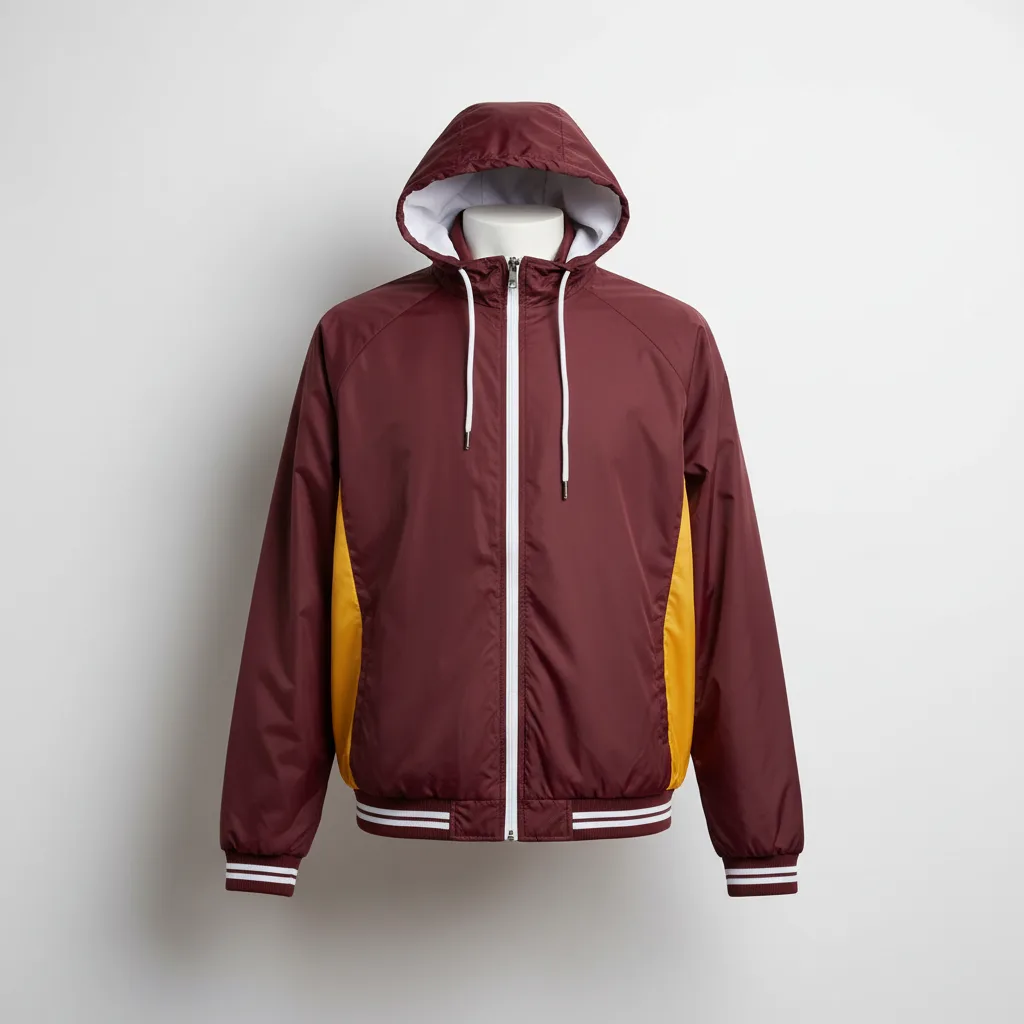 Front view of custom baseball windbreaker in ultralight woven polyester with full-zip front, packable hood, and sublimated team colorway from Empire Five Athletics