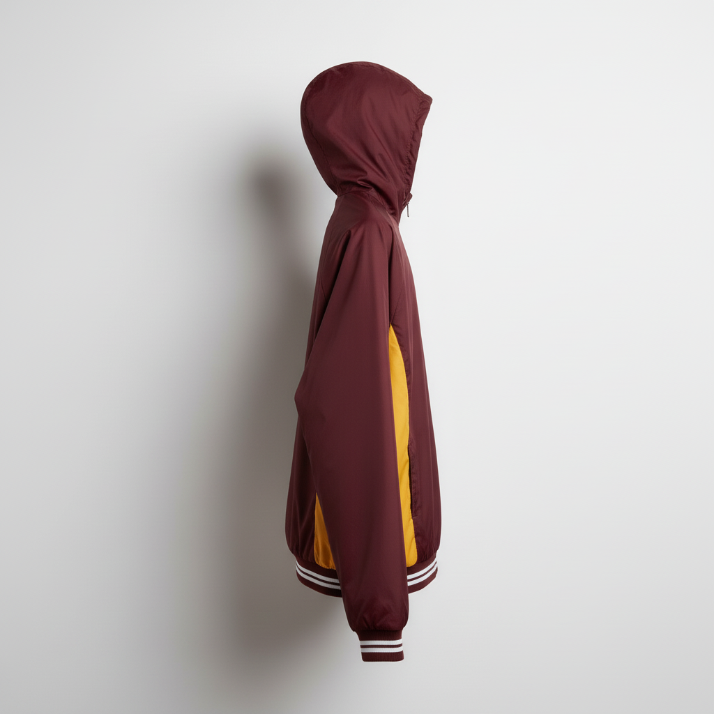 Side view of custom baseball windbreaker showing the hip-length cut, full-zip front, and packable hood