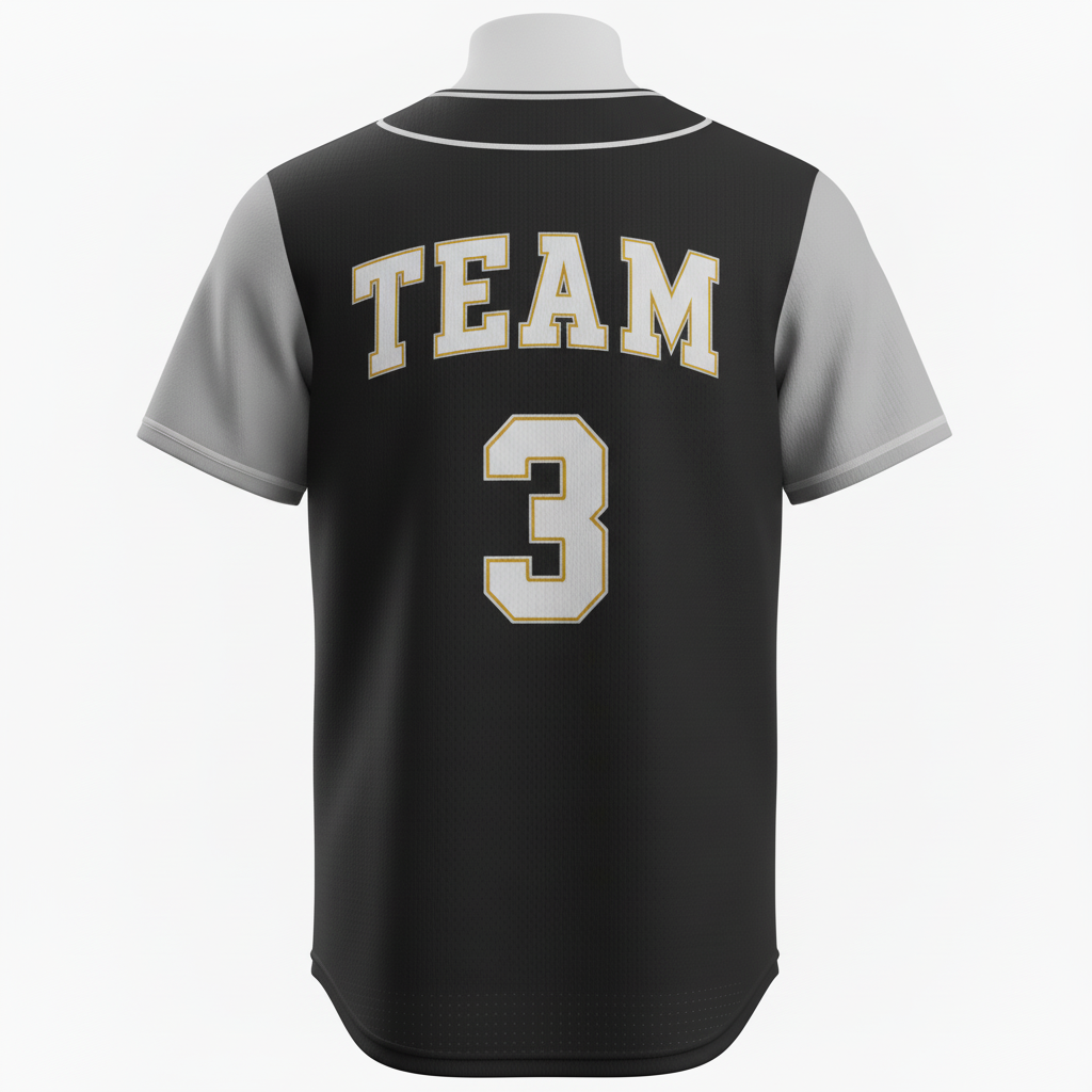 Back view of custom crew-neck baseball jersey showing the player name arched above a large back number