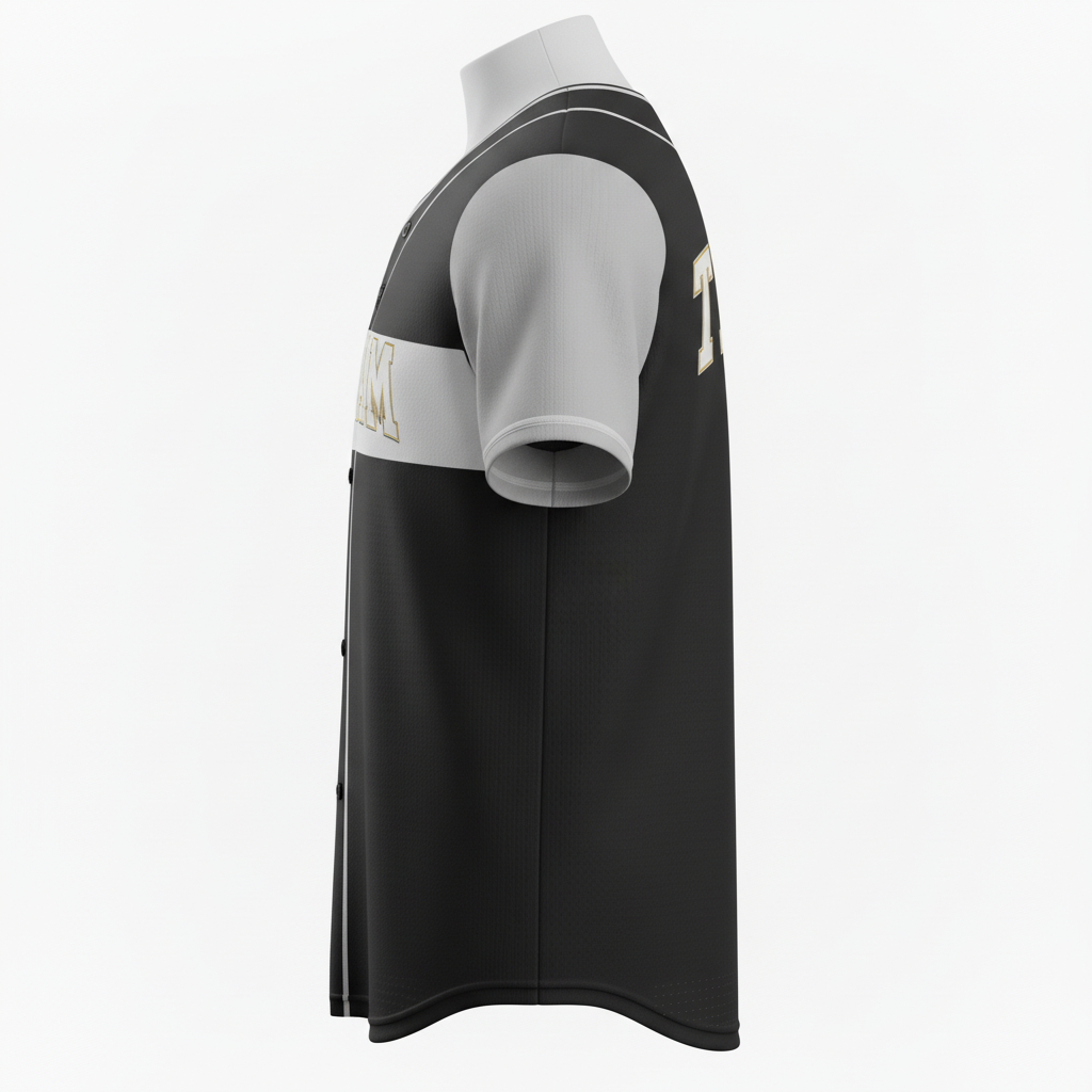 Side view of custom crew-neck baseball jersey showing the set-in sleeve and double-knit body