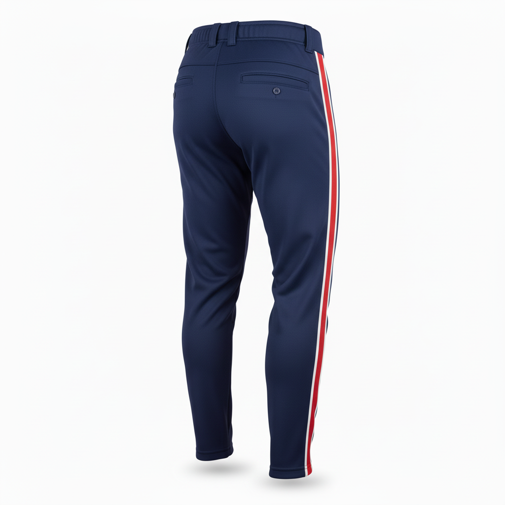 Back view of custom elastic-bottom baseball pants showing the belt-loop waistband and tapered cuffed leg