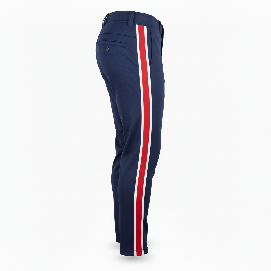 Side view of custom elastic-bottom baseball pants showing the elastic cuff at the ankle