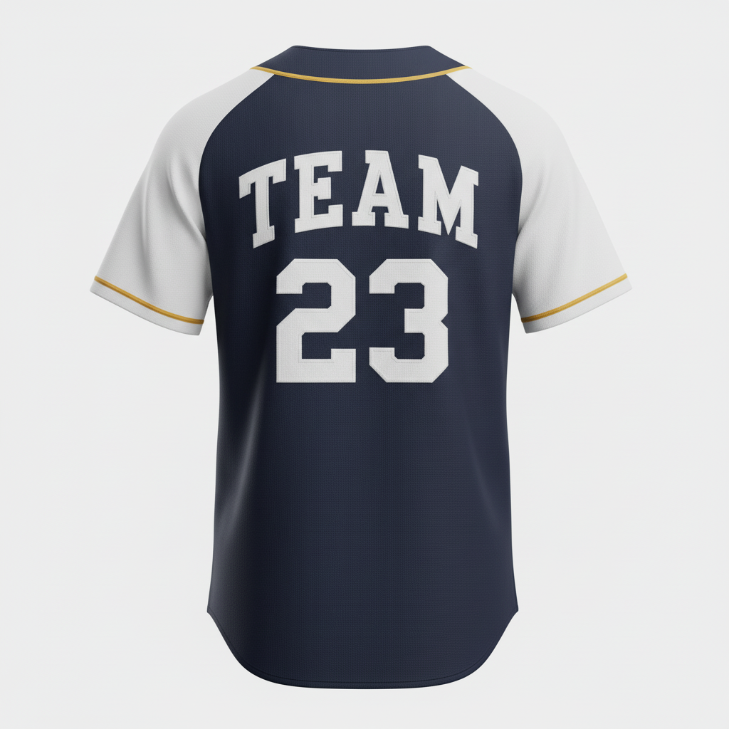 Back view of custom full-button baseball jersey showing the player name arched above a large back number