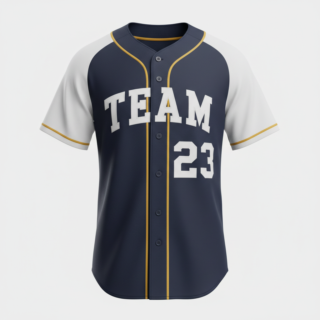 Front view of custom full-button baseball jersey in 200 GSM polyester double-knit with a full-button placket and tackle-twill chest wordmark from Empire Five Athletics