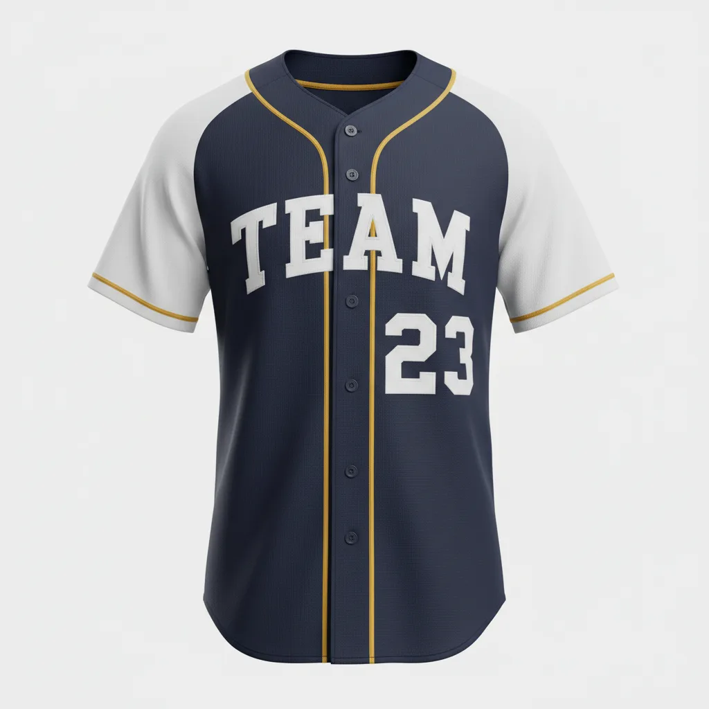 Front view of custom full-button baseball jersey in 200 GSM polyester double-knit with a full-button placket and tackle-twill chest wordmark from Empire Five Athletics