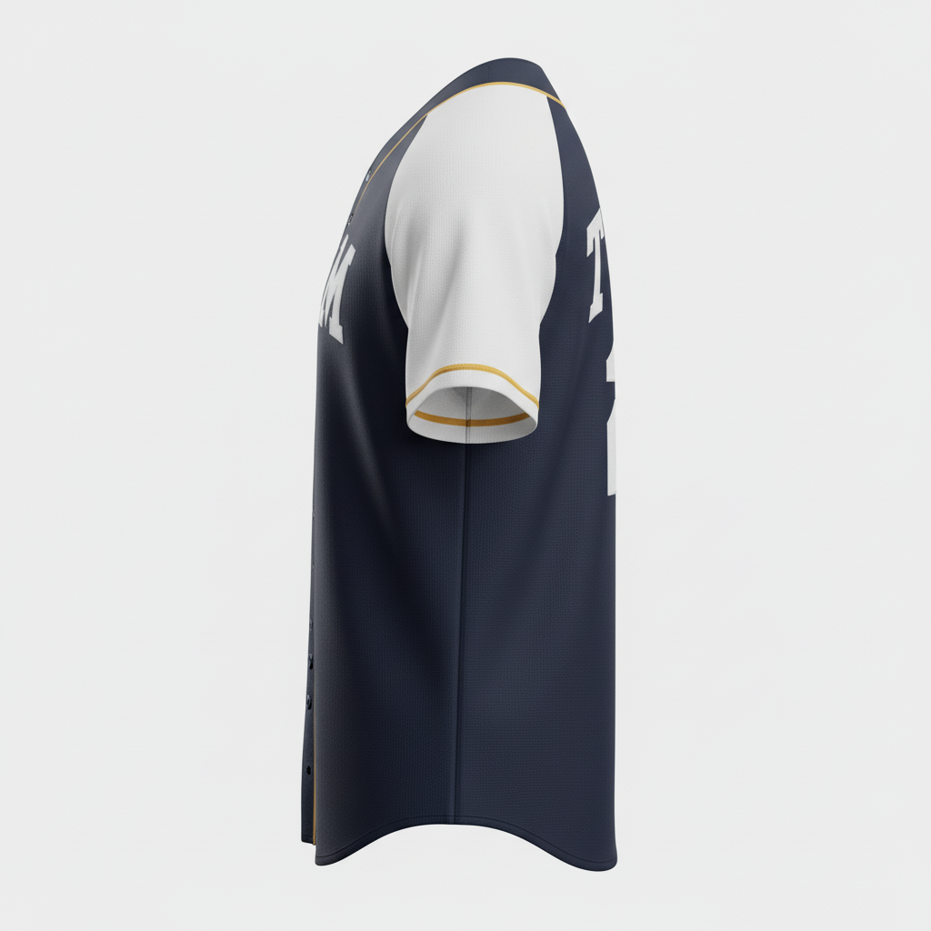 Side view of custom full-button baseball jersey showing the set-in sleeve and double-knit body