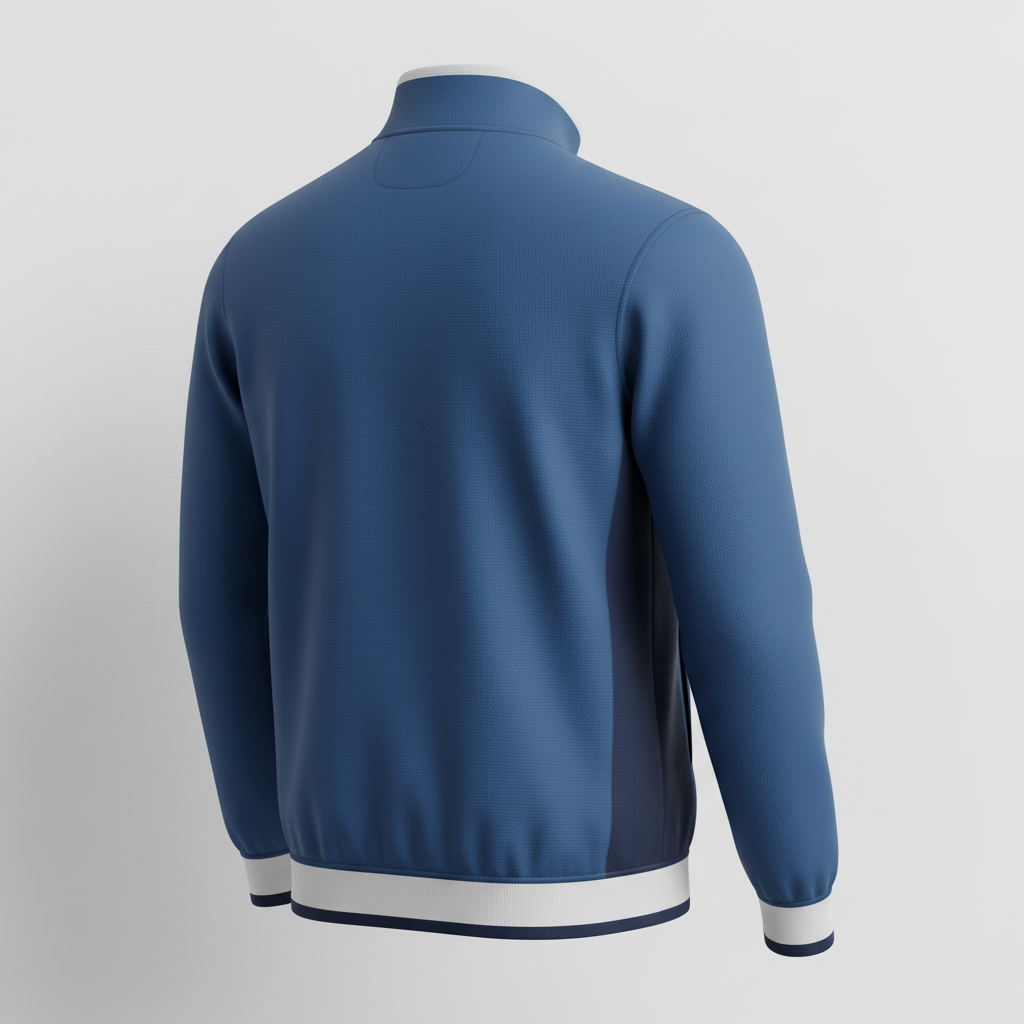 Back view of custom full-zip baseball batting jacket showing the full-panel sublimation area for a team mark and ribbed hem
