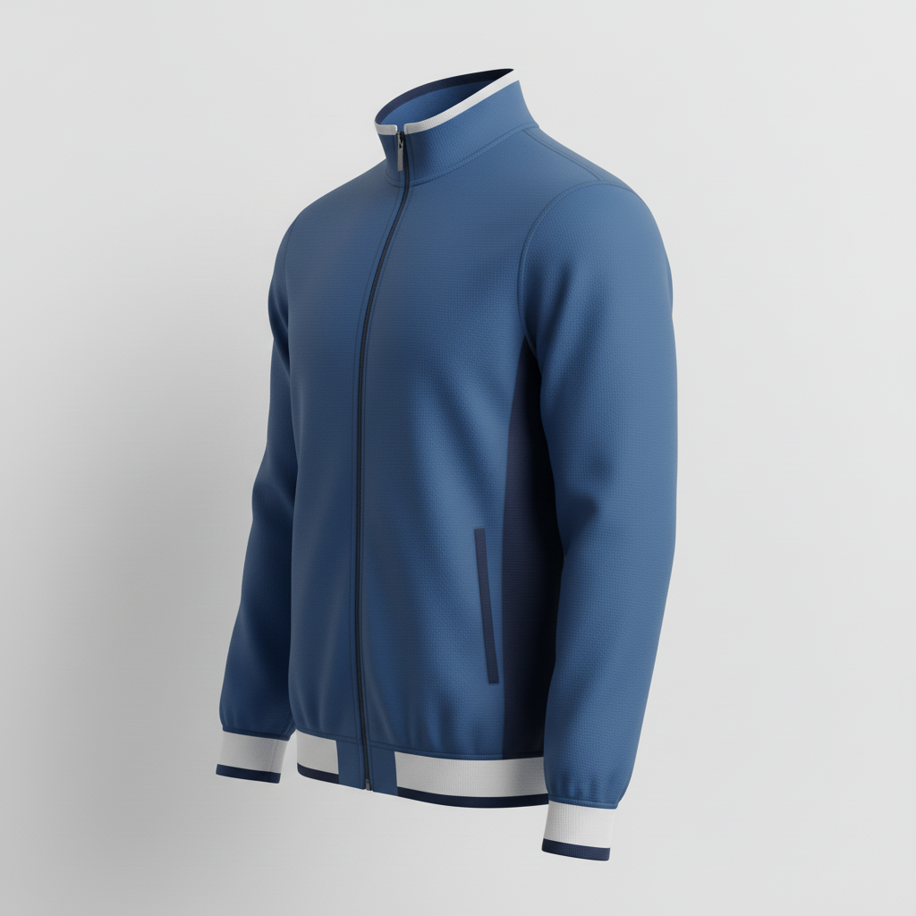 Front view of custom full-zip baseball batting jacket in lightweight polyester tricot with full-zip front, ribbed cuffs, and sublimated team colorway from Empire Five Athletics