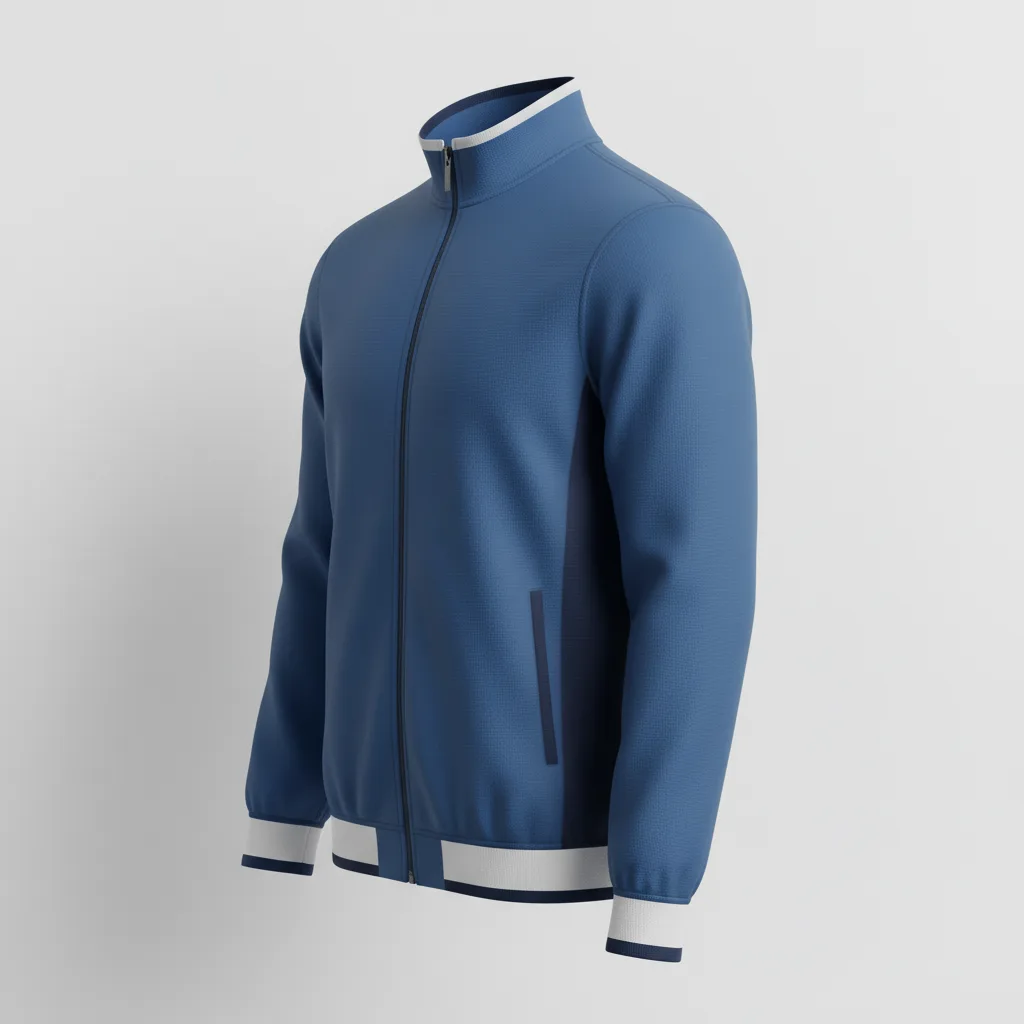Front view of custom full-zip baseball batting jacket in lightweight polyester tricot with full-zip front, ribbed cuffs, and sublimated team colorway from Empire Five Athletics