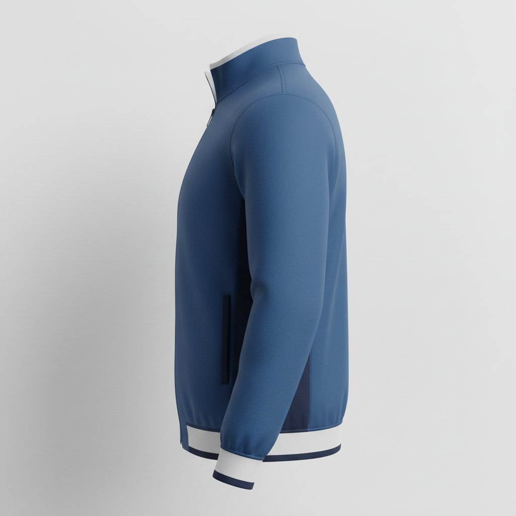Side view of custom full-zip baseball batting jacket showing the hip-length active cut, full sleeve sublimation, and ribbed cuff