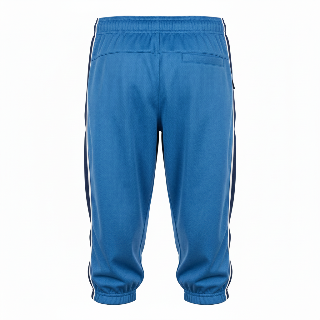 Back view of custom knicker baseball pants showing the belt-loop waistband and below-knee length