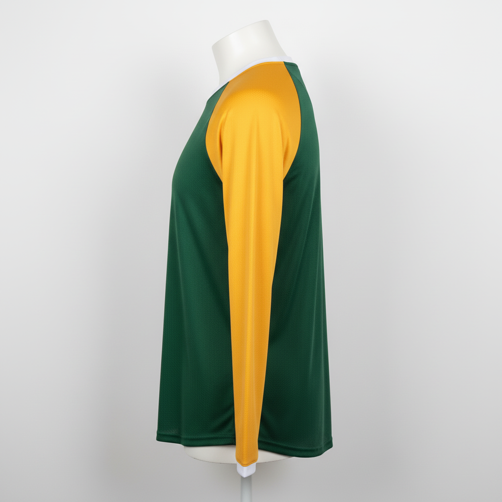 Side view of custom long-sleeve baseball performance tee showing the full-length sleeve and loose performance fit