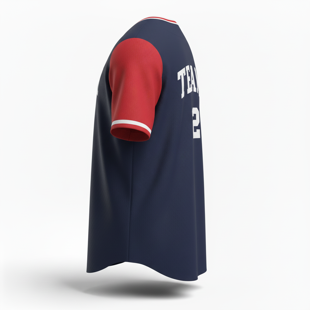 Side view of custom mesh baseball jersey showing the open mesh weave and set-in sleeve