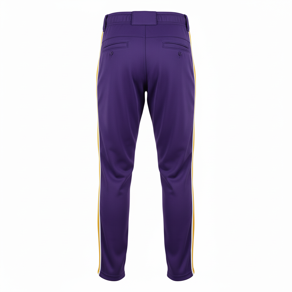 Back view of custom open-bottom baseball pants showing the belt-loop waistband and full-length open leg