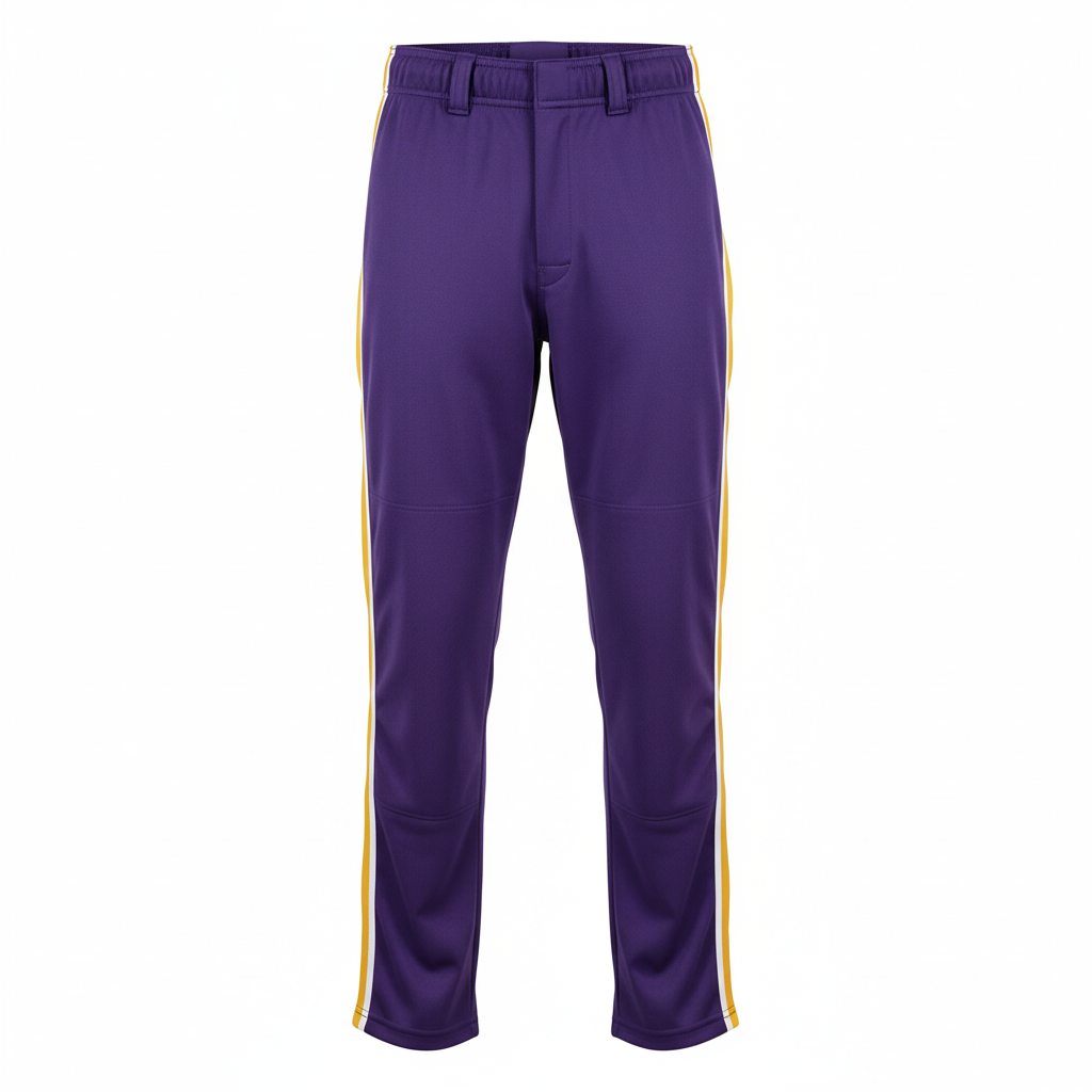 Front view of custom open-bottom baseball pants in 240 GSM polyester double-knit with a full-length open hem from Empire Five Athletics