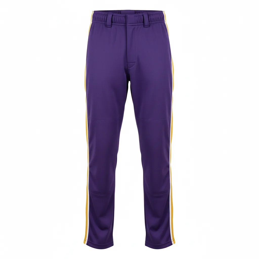 Front view of custom open-bottom baseball pants in 240 GSM polyester double-knit with a full-length open hem from Empire Five Athletics