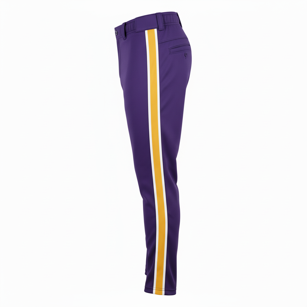 Side view of custom open-bottom baseball pants showing the open hem falling over the shoe