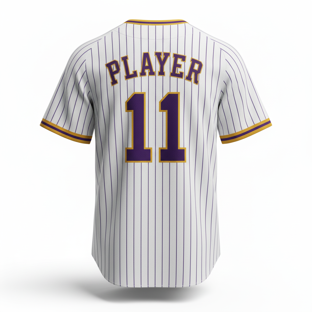 Back view of custom pinstripe baseball jersey showing the player name arched above a large back number over the pinstriped body