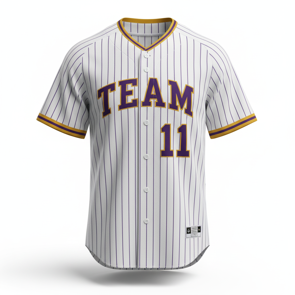 Front view of custom pinstripe baseball jersey with vertical sublimated pinstripes and a tackle-twill chest wordmark in 200 GSM polyester double-knit from Empire Five Athletics