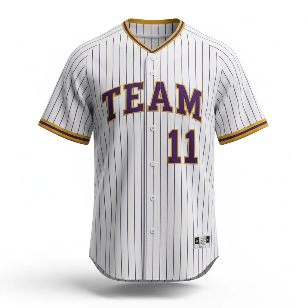 Front view of custom pinstripe baseball jersey with vertical sublimated pinstripes and a tackle-twill chest wordmark in 200 GSM polyester double-knit from Empire Five Athletics