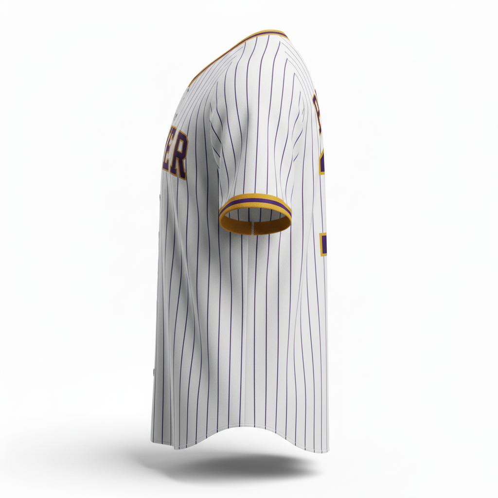 Side view of custom pinstripe baseball jersey showing the straight vertical pinstripes and double-knit body