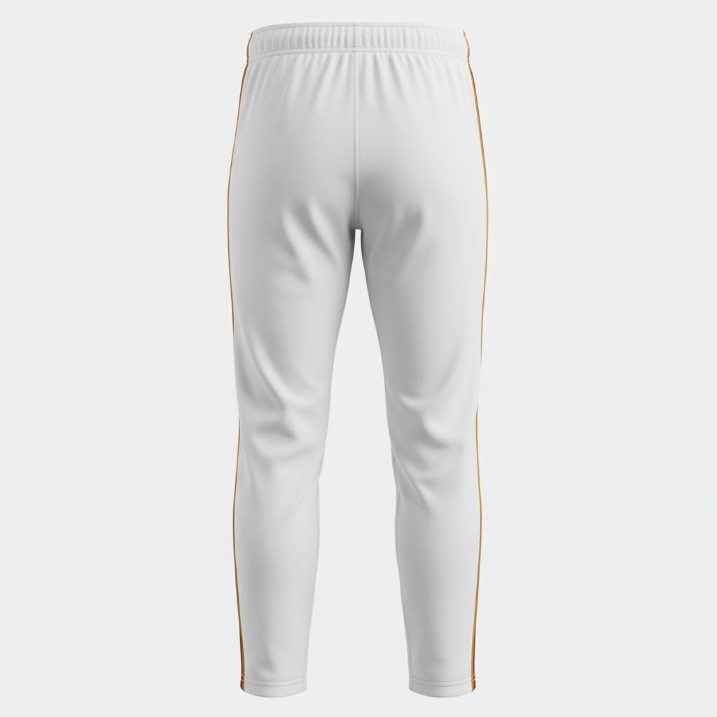 Back view of custom piped baseball pants showing the belt-loop waistband and contrast side piping