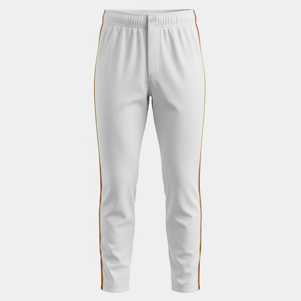 Front view of custom piped baseball pants in 240 GSM polyester double-knit with contrast soutache piping down each leg from Empire Five Athletics