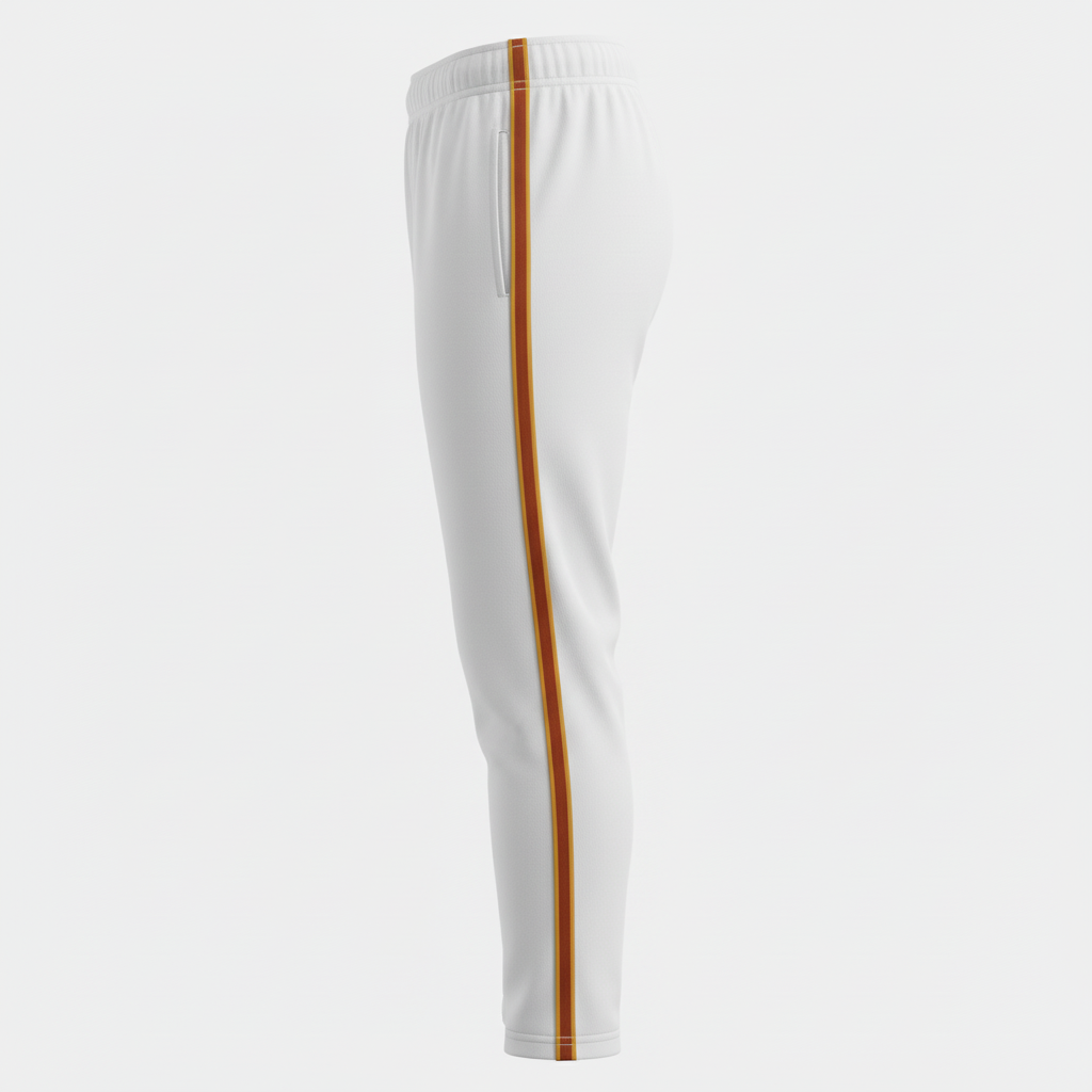 Side view of custom piped baseball pants showing the full-length contrast piping down the outer leg seam