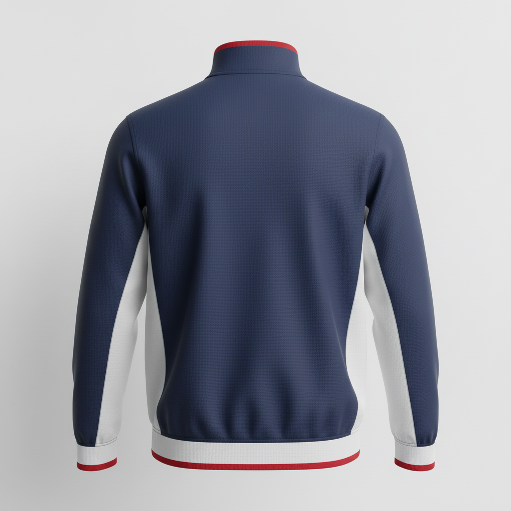 Back view of custom pullover baseball batting jacket showing the full-panel sublimation area for a team mark and ribbed hem